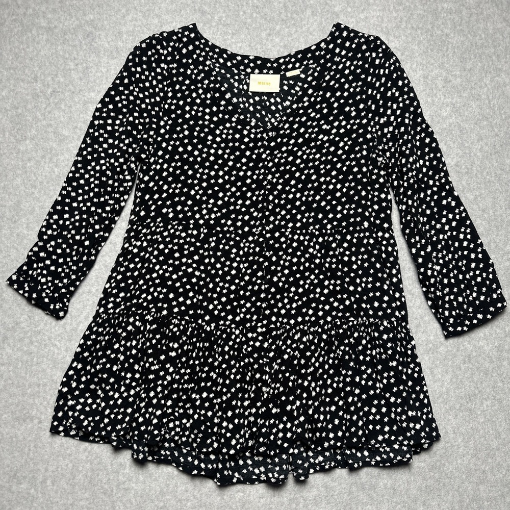 Maeve Anthropologie Lila Polka Dot Peplum 3/4 Sleeve Black White Blouse Top S